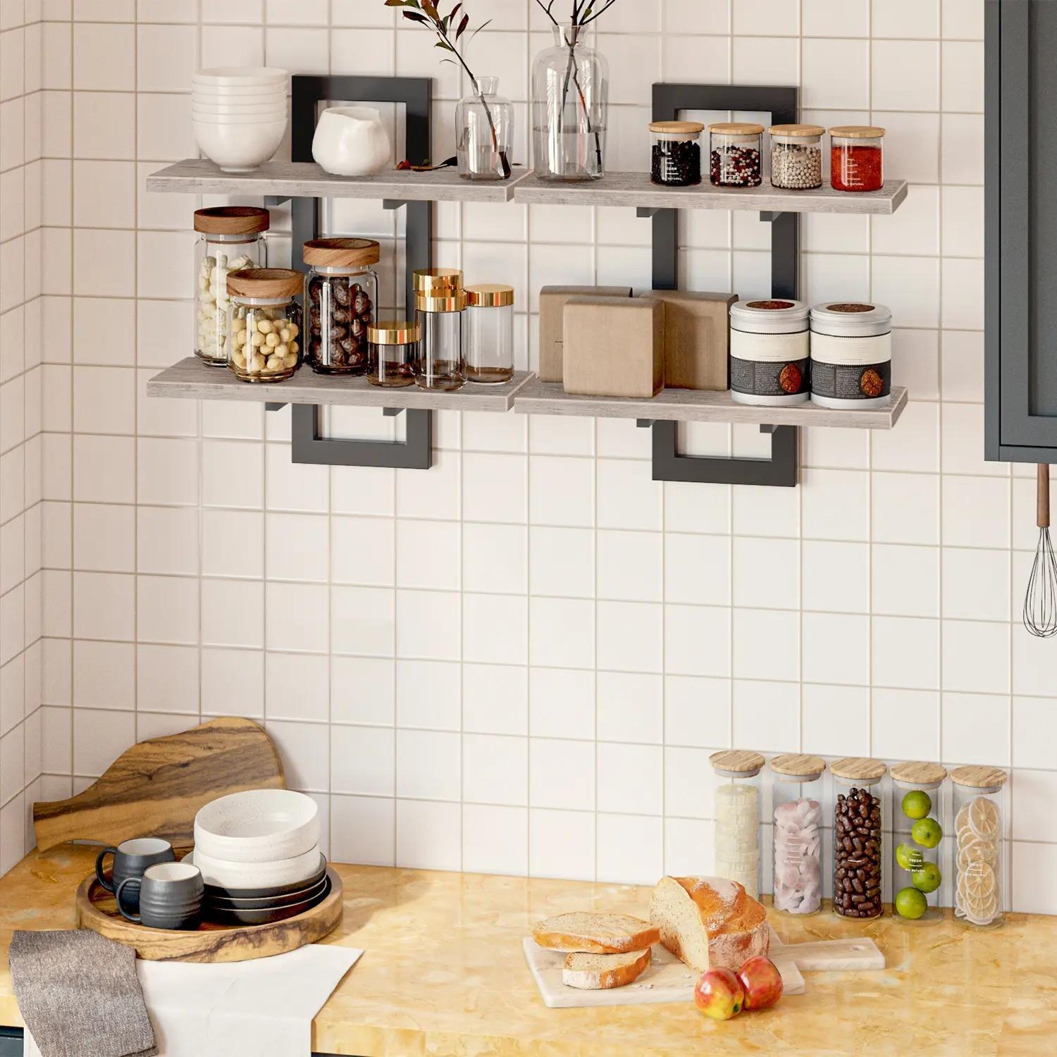 Set of 2 Double‑Tier Floating Wall Shelves, Wall‑Mounted Storage Display Racks, Heavy‑Duty Particleboard Metal Frame Wall Shelf for Kitchen Living Room Bedroom Bathroom Home Decor