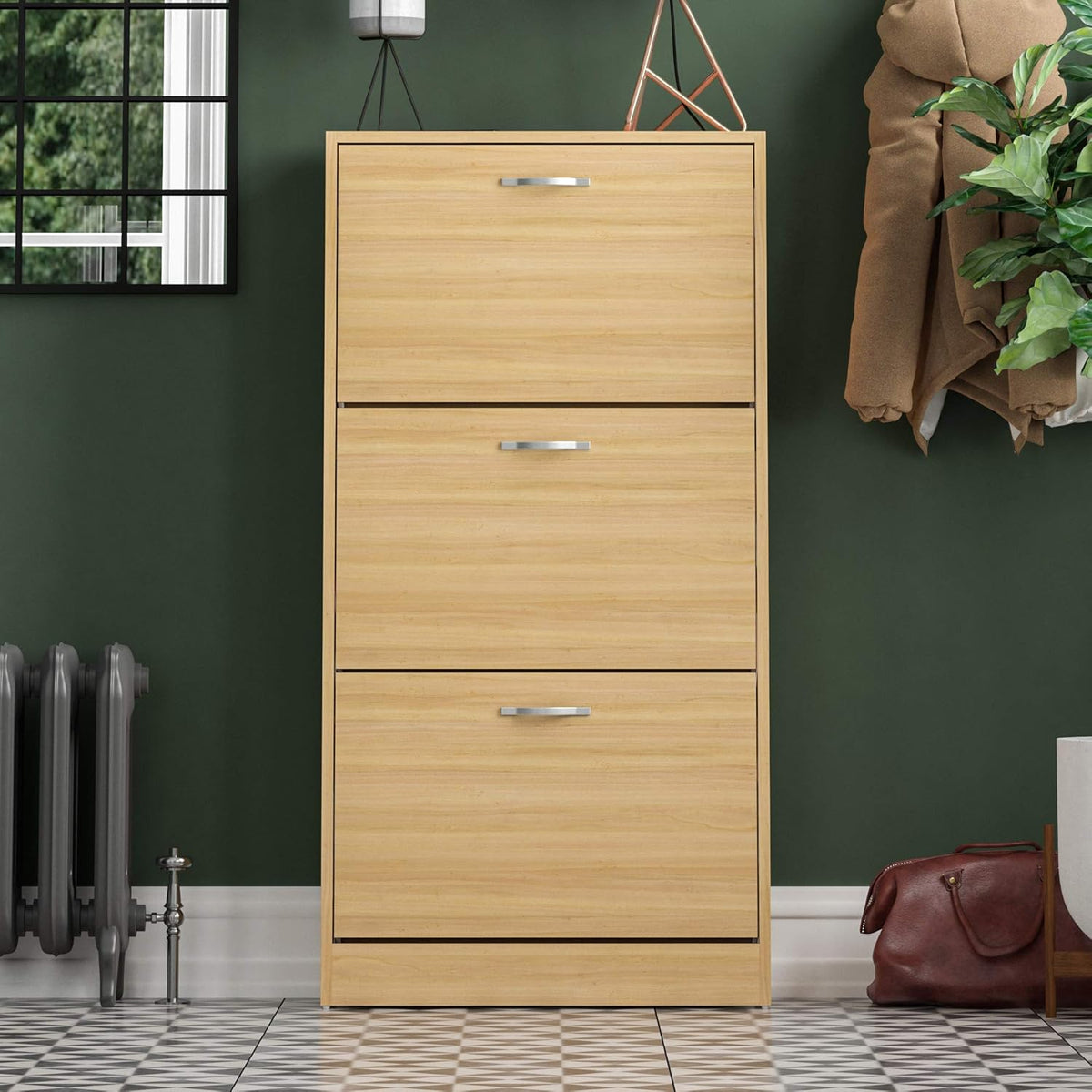 3-Drawer Shoe Cabinet (Various Colours) - Pull-Down Wooden Storage Organiser, H118xW60xD24cm, Wood Furniture Unit for Shoe Organization