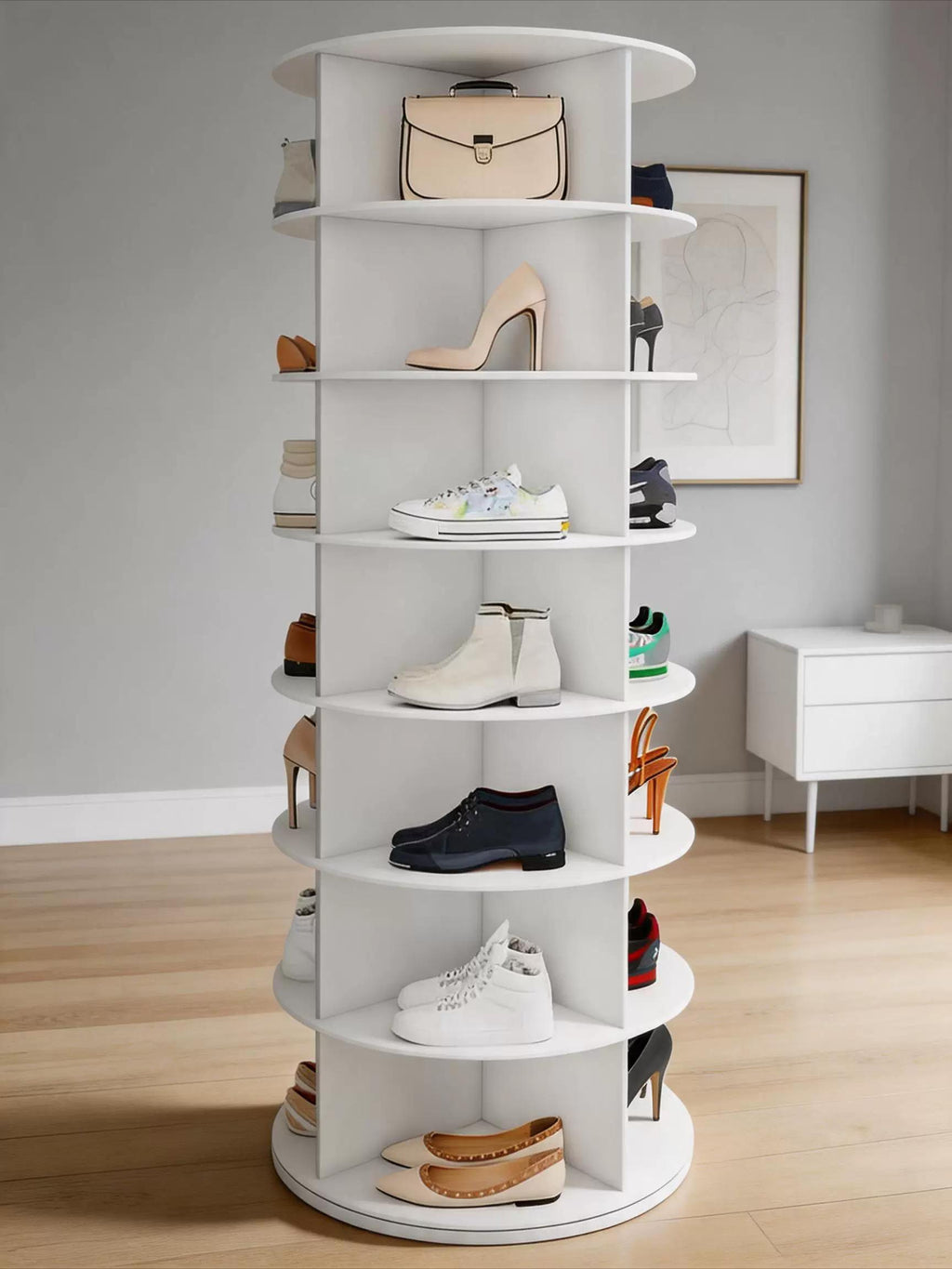 360° Rotating Shoe Rack Tower, 6/7 Tier Lazy Susan Shoe Storage Organizer, Round Carousel Cabinet for Shoes & Handbags, Space-Saving Solution for Entryway, Hallway & Closet
