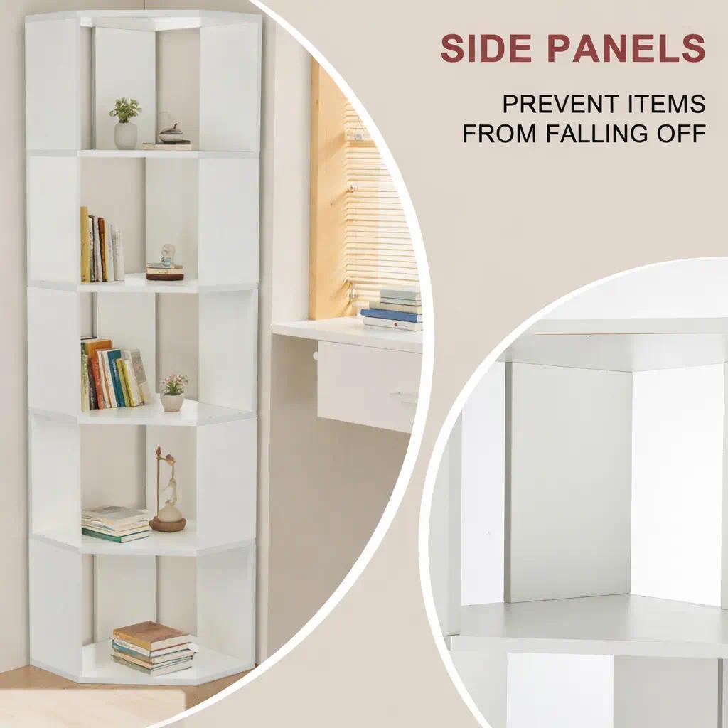 5-Tier Corner Shelf Unit Freestanding Display Rack, Wooden Open Storage Bookcase for Living Room Bedroom Home Office, Space-Saving Tall Narrow Stand, 40x40x159 cm [Plus A Free Gift]
