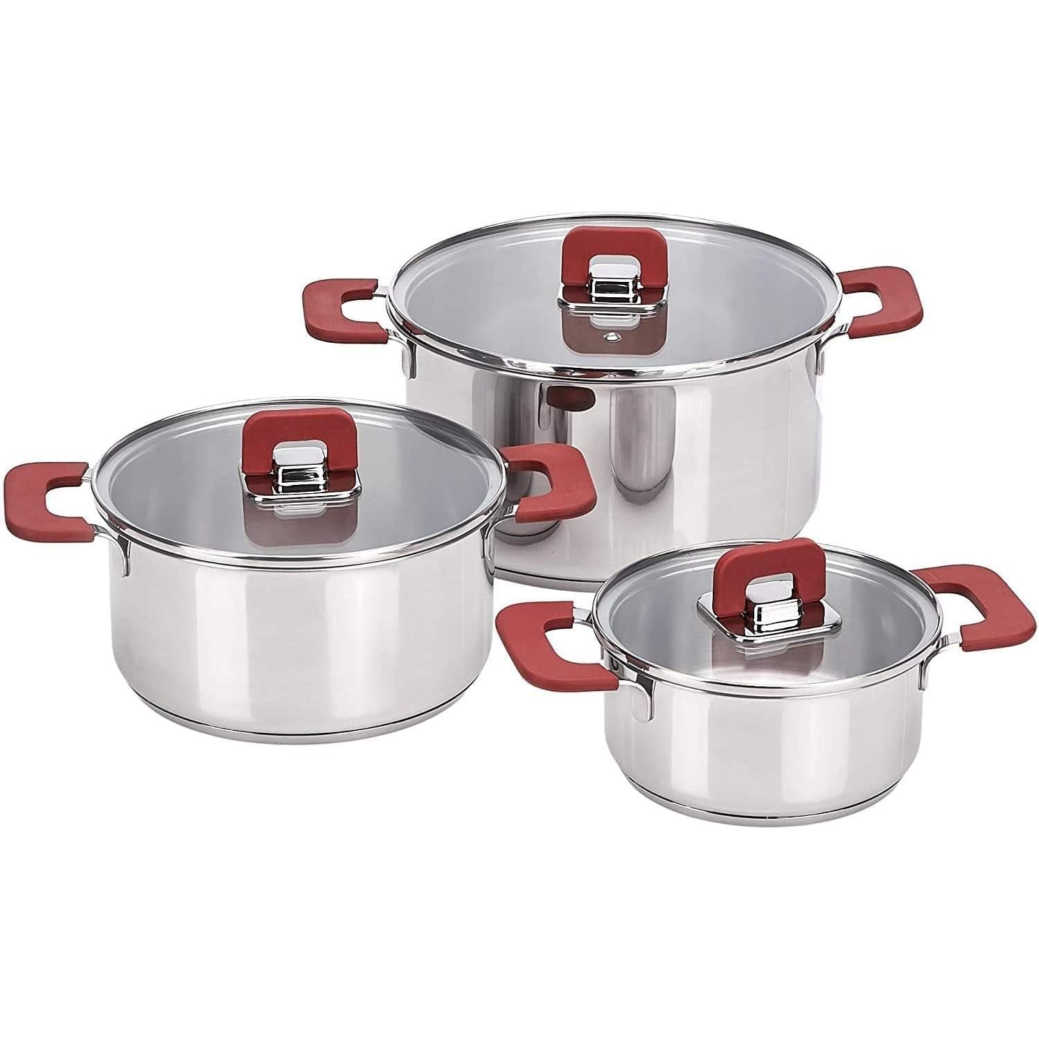 Basics 3‑Piece Stainless Steel Stackable Casserole Cookware Set, Induction Pots with Vented Lids & Soft‑Touch Handles, Dishwasher & Oven‑Safe, 16/20/24 cm
