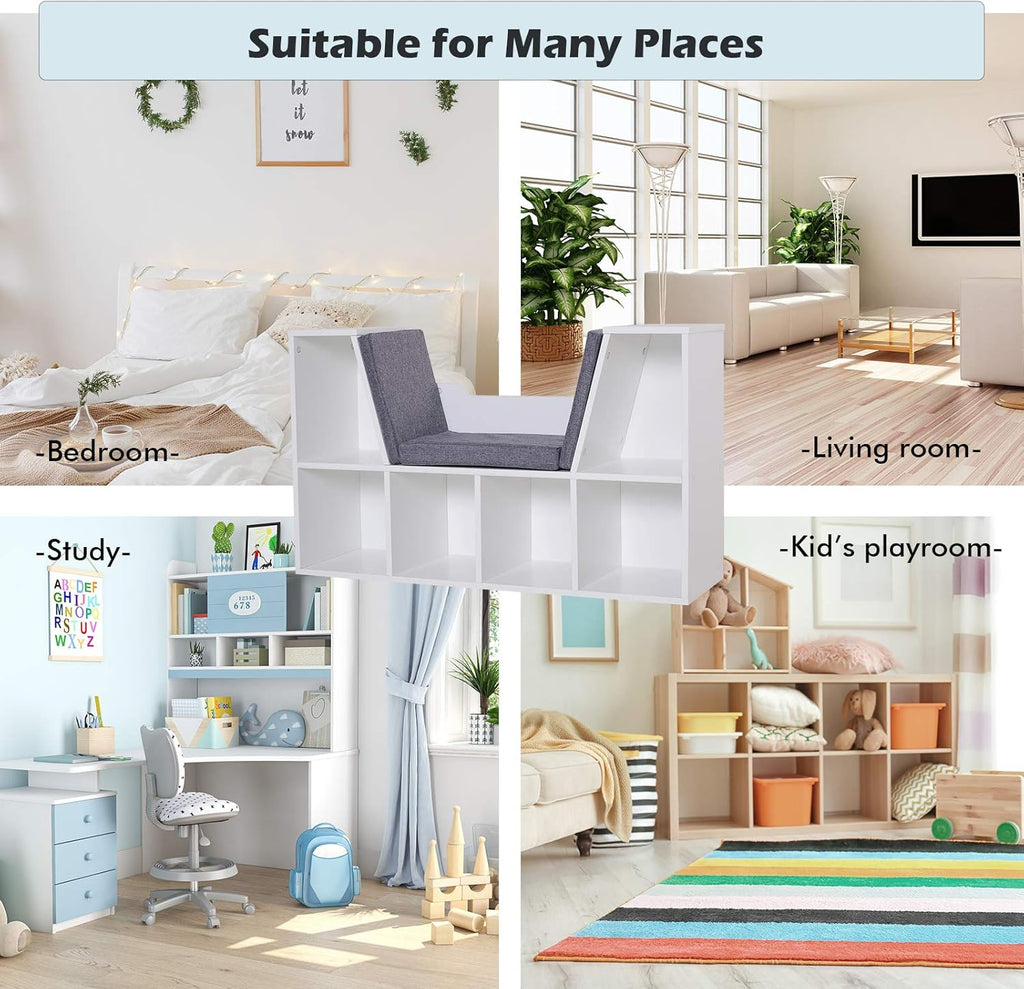 6‑Cube Kids Bookcase, Multi‑Functional Wooden Storage Organizer with Cushioned Reading Nook, Open Display Shelf Cabinet for Children Bedroom Playroom