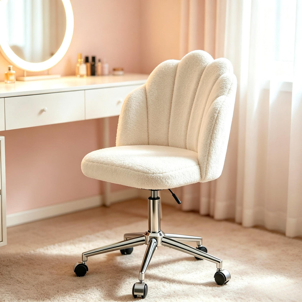 Shell‑Shaped Teddy Fabric Vanity Chair, White & Pink 360° Swivel Height Adjustable Makeup Desk Chair with Silent Wheels, Padded Rolling Armchair for Bedroom Dressing Room Home Office