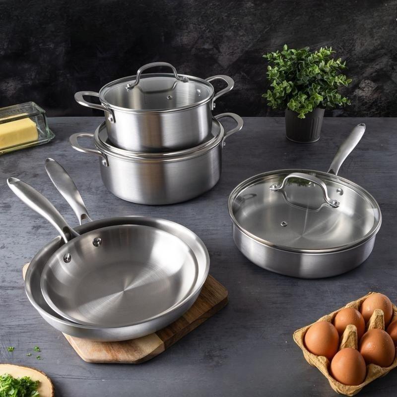 8Pcs Tri‑Ply Stainless Steel Cookware Set, Cooking Pots & Frying Pans with Glass Lids, Universal for Induction Gas Stove, Durable Kitchen Saucepan Set for Home Daily Cooking