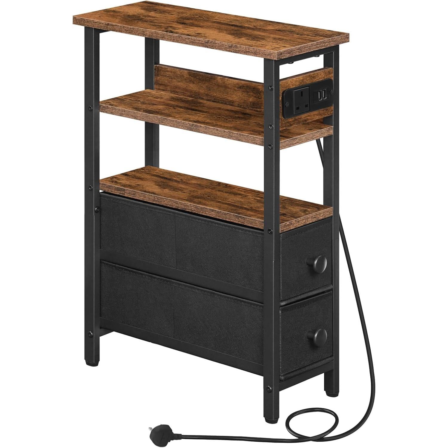 Side Table with Charging Station, Narrow Side Table with 2 Non-Woven Drawers, USB Ports and Power Outlet, 40 x 18 x 60 cm Slim Bedside Table for Small Space, Rustic Brown and Black
