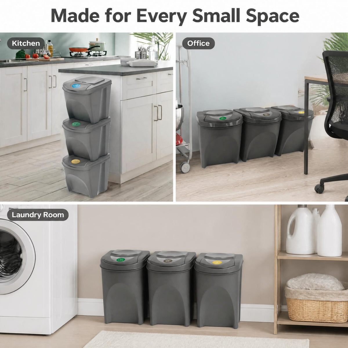 3‑Pack Stackable Recycling Bins – 25L Each with Secure Lids, Colour‑Coded Sticker Labels, Space‑Saving Design for Kitchen, Office, or Garden Waste – Total 75L Storage Capacity in Sturdy Grey Plastic
