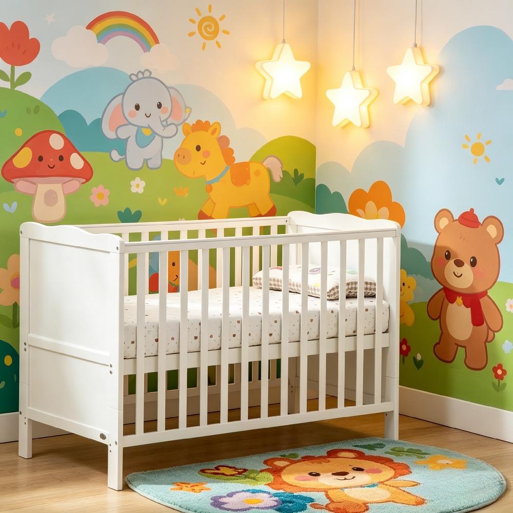 Cream White Cot Bed with Aloe Vera Waterproof Mattress, Wooden Baby Cot Convertible to Toddler Bed [Plus A Free Gift]