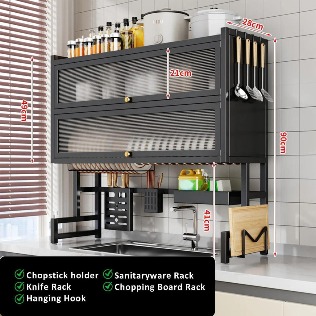 2‑Tier Over‑The‑Sink Dish Drying Rack, Black Carbon Steel Kitchen Counter Organizer with Acrylic Dust‑Proof Cabinet Doors, Dish Shelf & Spice Storage, Space‑Saving Sink Shelf, Size 95×28×90cm