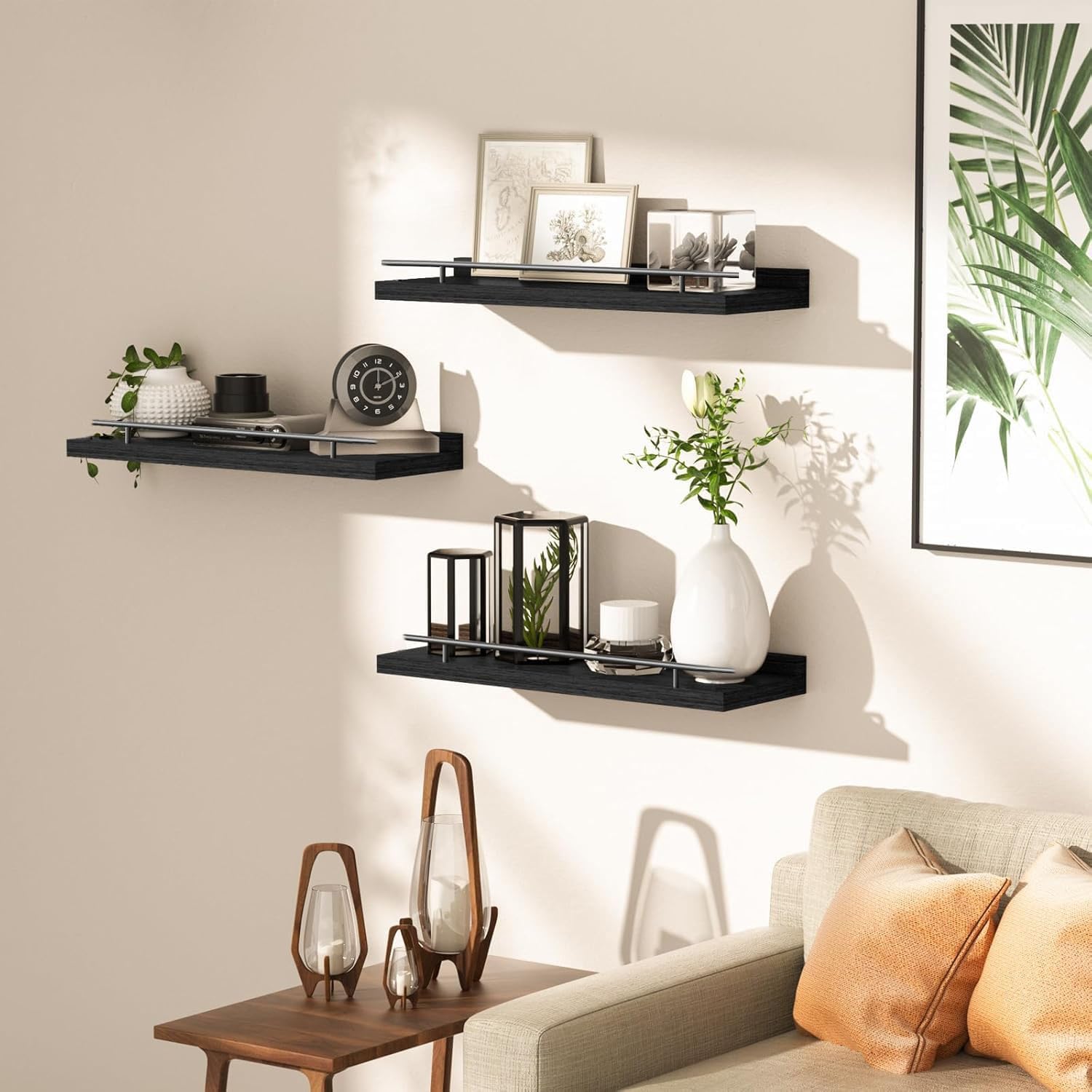 3 Set Floating Wall Mounted Wood Shelves - Versatile Picture Ledge Display Racks & Spice Racks, Decorative Wooden Wall Shelves Ideal for Bathroom, Living Room, Kitchen, Home Office & Laundry Room, Space-Saving Home Storage Decor