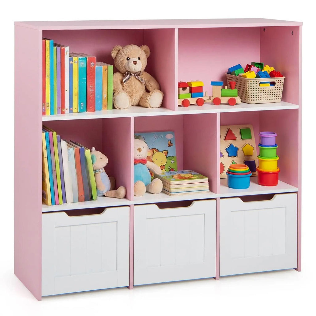 Wooden Kids Toy Storage Organizer Bookcase, 5 Open Cubes with 3 Rolling Wheeled Drawers, Multi‑Purpose Children Storage Cabinet for Playroom Kids Bedroom Nursery
