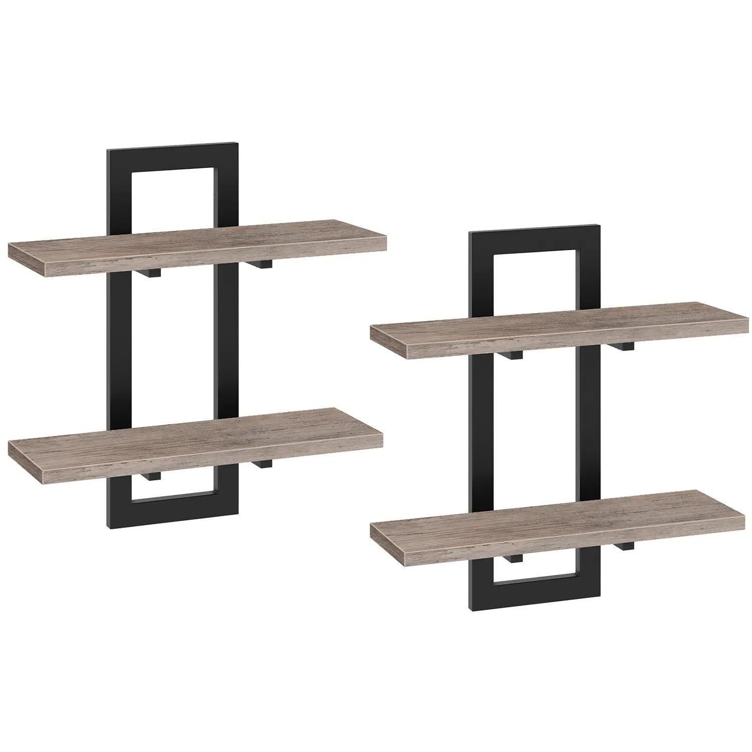 Set of 2 Double‑Tier Floating Wall Shelves, Wall‑Mounted Storage Display Racks, Heavy‑Duty Particleboard Metal Frame Wall Shelf for Kitchen Living Room Bedroom Bathroom Home Decor