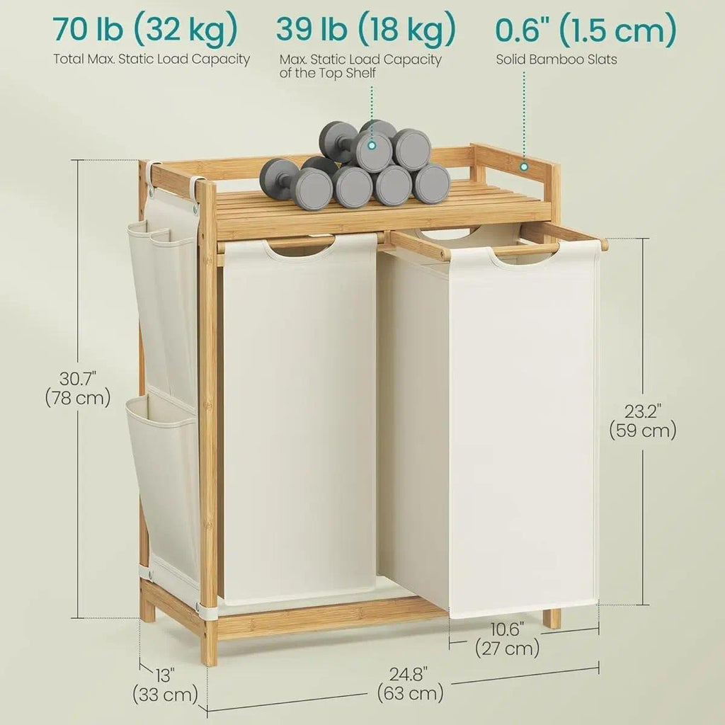 `Cream‑White Compartment Bamboo Laundry Sorter Hamper, Laundry Storage Organizer with Top Shelf, Removable Laundry Bags & Side Storage Pockets for Bathroom & Laundry Room`