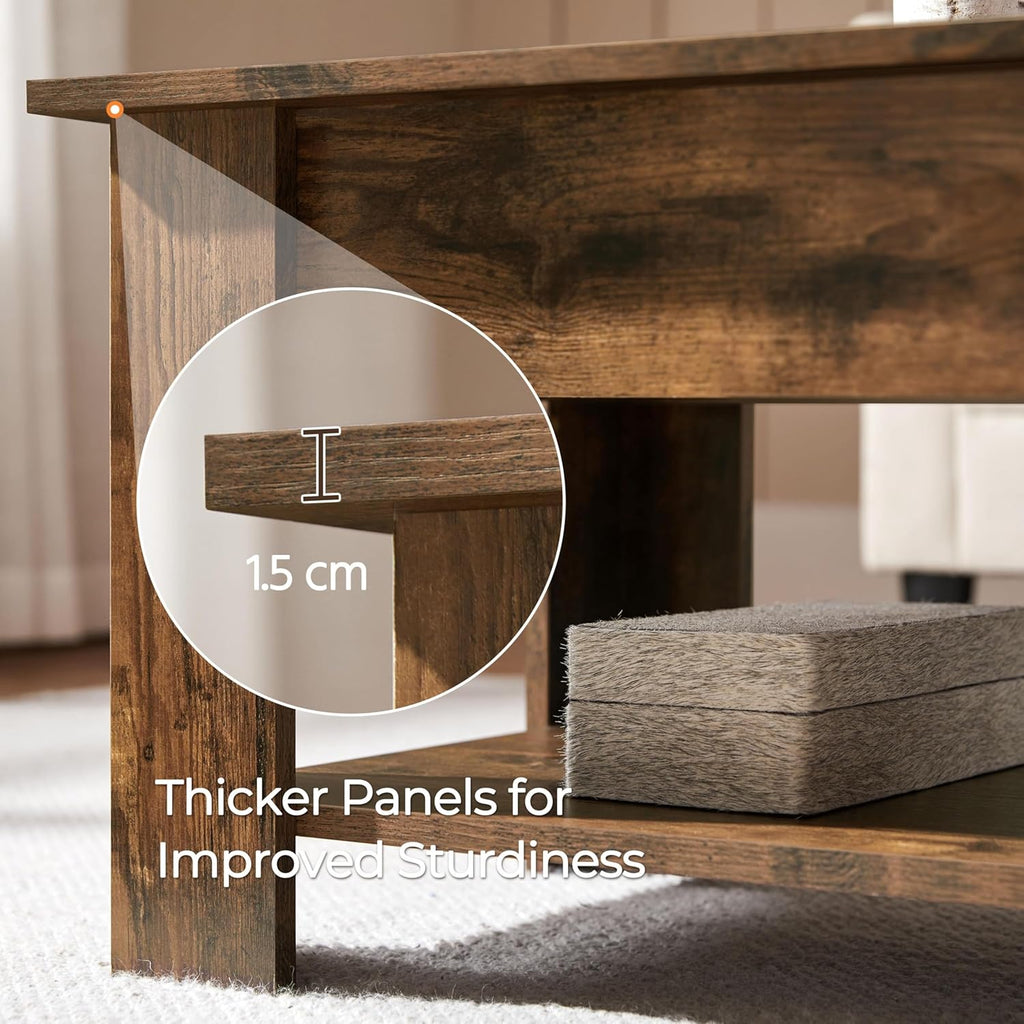 【NS】Lift Up Coffee Table, Wooden Lifting Tea Table with Hidden Storage Drawer and Open Shelf for Living Room/Reception, Rustic Brown, 98x50x(42-56) cm