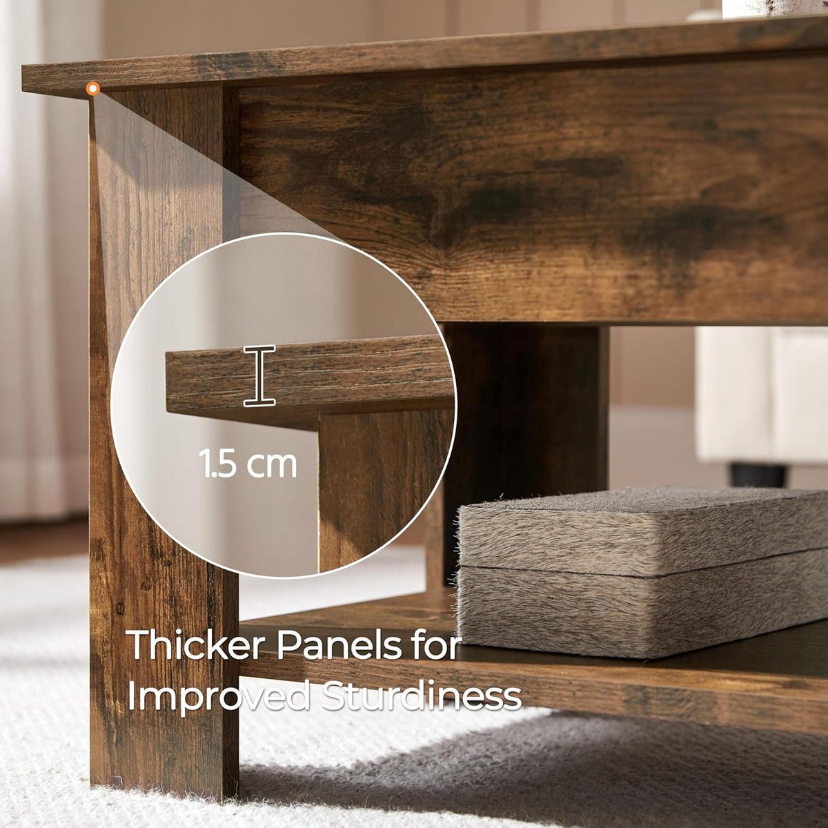 【NS】Lift Up Coffee Table, Wooden Lifting Tea Table with Hidden Storage Drawer and Open Shelf for Living Room/Reception, Rustic Brown, 98x50x(42-56) cm