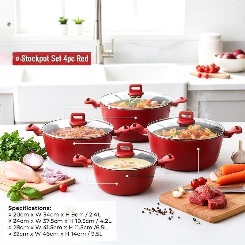 4Pcs Professional Aluminium Non-Stick Stockpot Set, Soft Touch Handle with Tempered Glass Lid, Induction Compatible Cookware Set, Soup Stew Pot for Kitchen Cooking