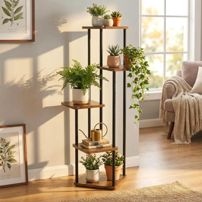 4/5 Tier Multilayer Indoor Plant Stand, Compact Corner Flower Pot Shelf, Space-Saving Vertical Display Rack with Iron MDF Frame, Easy Assembly Plant Storage Shelving for Living Room Balcony Home Garden Decor