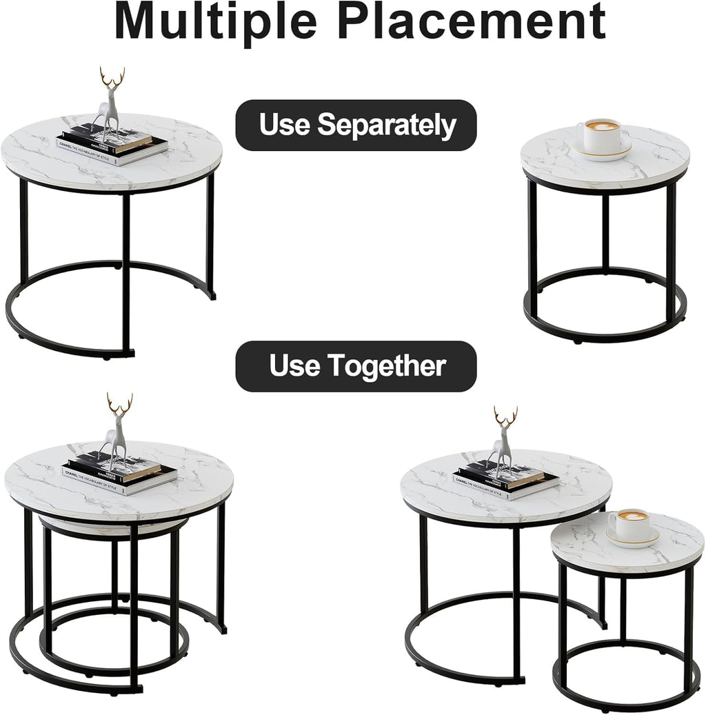 Marble Nesting Coffee Table Set for Living Room, Round Metal Frame Center & End Tables for Small Space, Bedroom, White & Black, 60x50cm