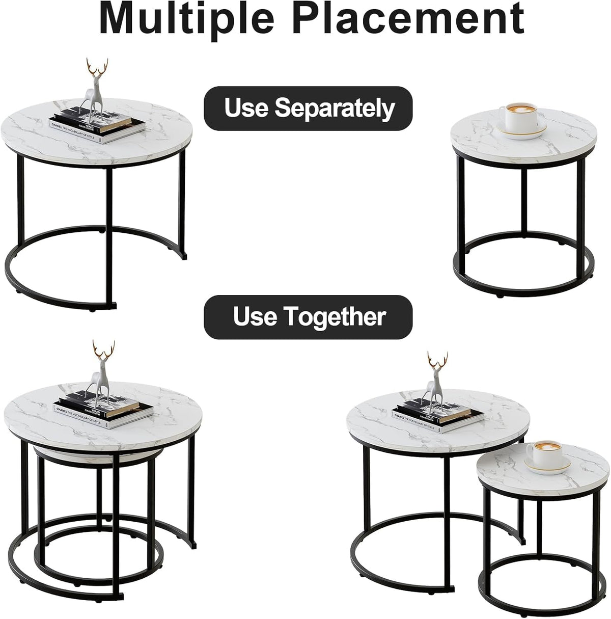 Marble Nesting Coffee Table Set for Living Room, Round Metal Frame Center & End Tables for Small Space, Bedroom, White & Black, 60x50cm
