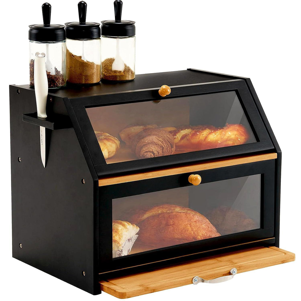 Large Double Layer Bamboo Bread Bin, Multi-Functional Bread Storage Box with Cutting Board & Transparent Window, Countertop Organizer for Bread, Salt, Pepper & Jam,