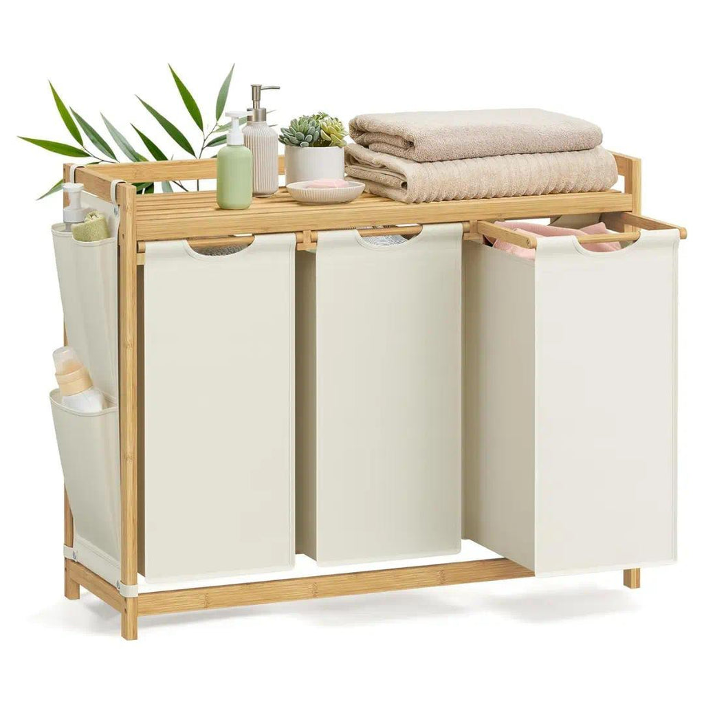 `Cream‑White Compartment Bamboo Laundry Sorter Hamper, Laundry Storage Organizer with Top Shelf, Removable Laundry Bags & Side Storage Pockets for Bathroom & Laundry Room`