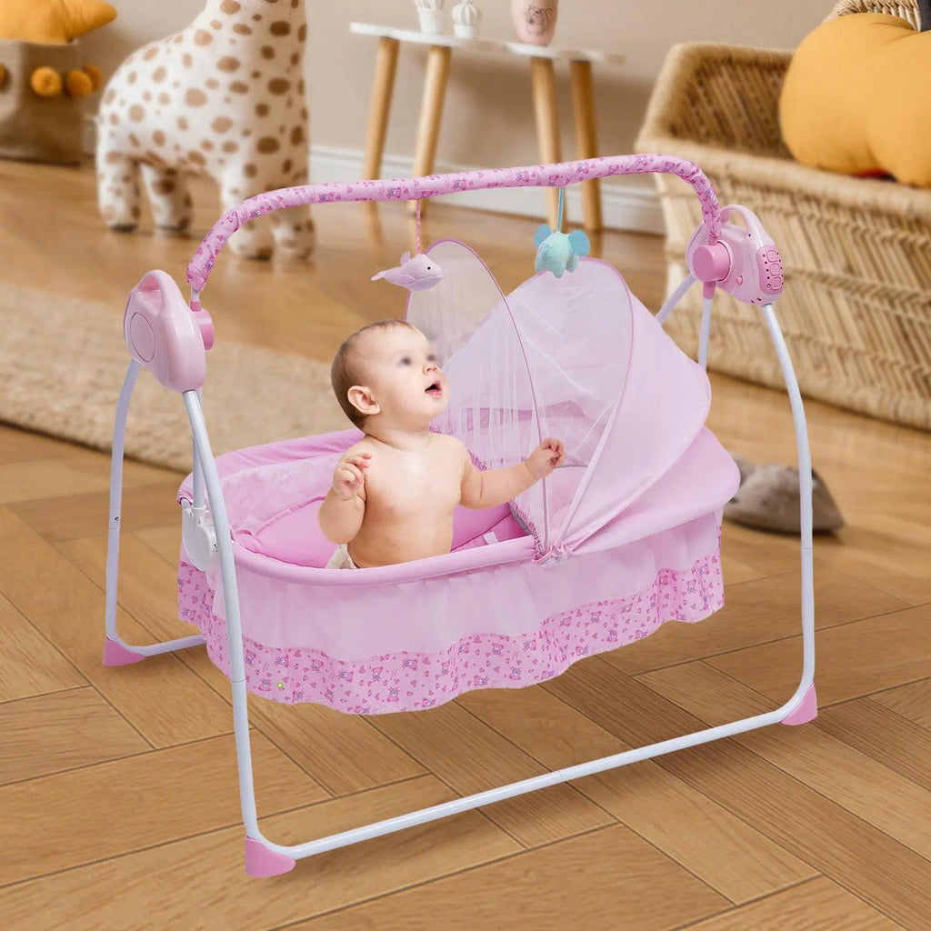 Pink Auto‑Swing Baby Cradle, Auto Rocking Infant Bassinet with Hanging Toys & Built‑in Lullaby Music, Timer Setting, Adjustable Swing Speed, Portable Soothing Sleep Bed for 0‑12 Months Newborn Baby