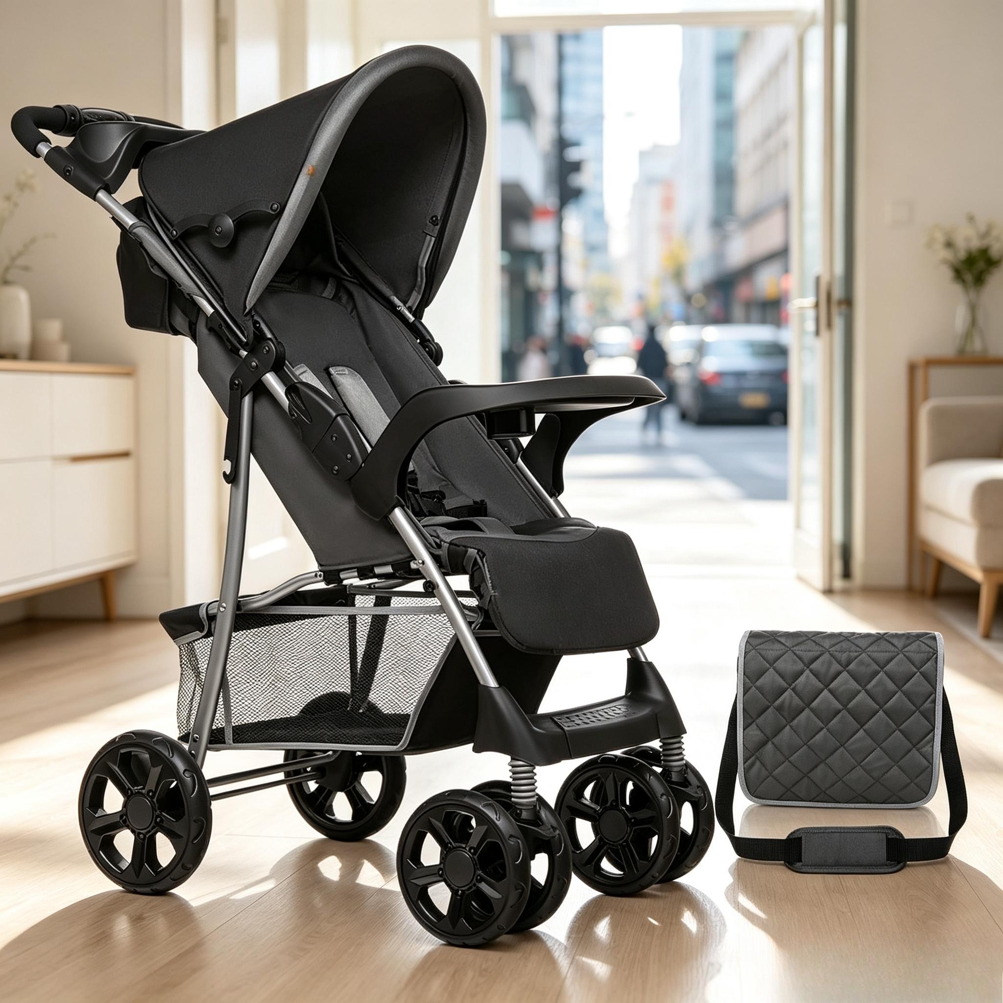 Foldable Lightweight Travel Baby Stroller, Compact City Stroller for Toddlers 6‑36 Months (Max 15kg), Reclining Lie‑Flat Seat with Adjustable Footrest, XXL All‑Weather Canopy, 5‑Point Harness & Shock‑Absorbing Wheels, Storage Basket, Detachable Tray and P