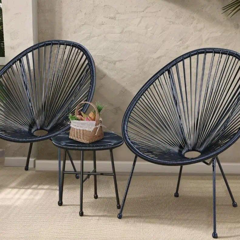3-Piece Egg Chair Lounge Set, Ergonomic Woven String Patio Chair with Tall Enveloping Backrest, Sturdy Steel Frame & Tempered Glass Side Table, Waterproof PE Outdoor Indoor Furniture for Garden Patio Conservatory, Black