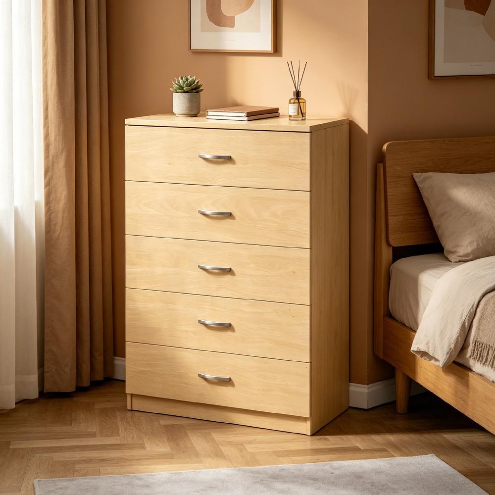 Modern 5 Drawer Chest for Bedroom, Tall Dresser Unit with Metal Handles and Ample Storage [Plus A Free Gift]
