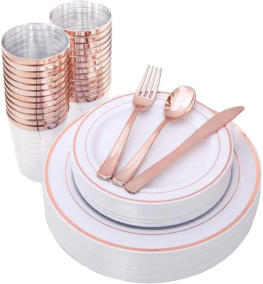 Multi-Use  Plastic Dinnerware Set,  Resuable Dinner Plates,  Salad Plates,  Knives,  Mini Forks,  Spoons,  300ml Cups for Wedding Anniversary Garden Party
