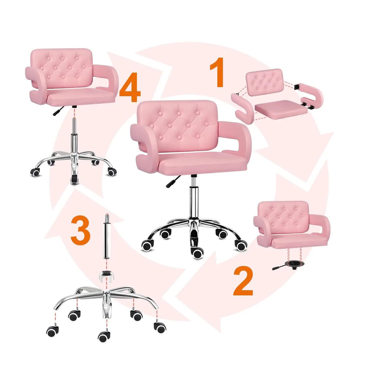 Faux Leather Swivel Office Chair, Height Adjustable Ergonomic Desk Chair, Vanity Chairs Lumbar Support and C-Armrests for Office Bedroom Living Room, Pink