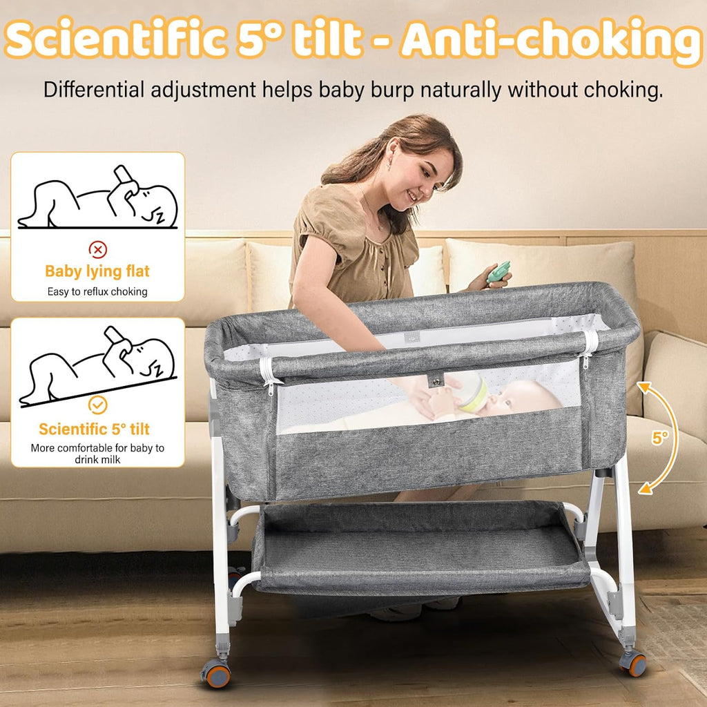 Portable Newborn Bassinet Cot - Adjustable Height Baby Bedside Sleeper with Storage Bag Mosquito Net & Mattress Foldable Travel Crib for Infant [Plus A Free Gift]