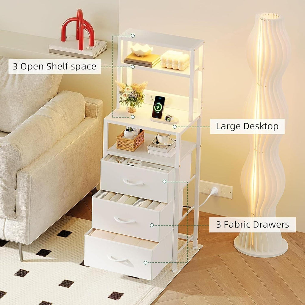 White Tall Nightstand with Charging Station & LED Light, 3 Fabric Drawers Chest for Bedroom, Living Room, Hallway [Plus A Free Gift]