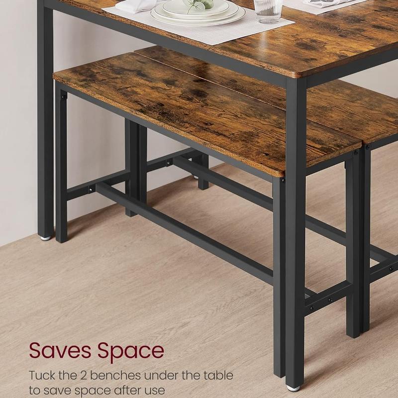 Industrial Dining Table Set with 2 Benches, Steel Frame Kitchen Table 110 x 70 cm, Benches 97 x 30 cm
