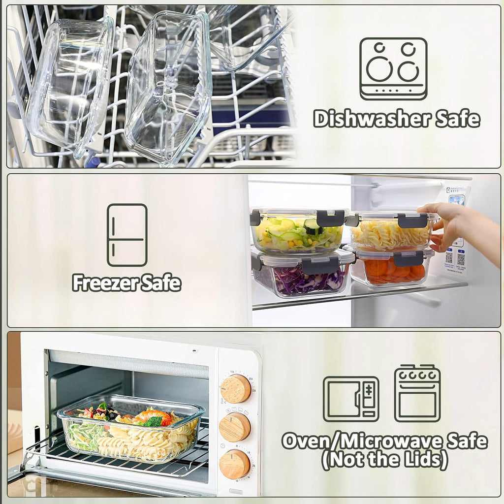 Glass Meal Prep Containers with Lids 1040ml Airtight Glass Food Storage Containers, Set of 5