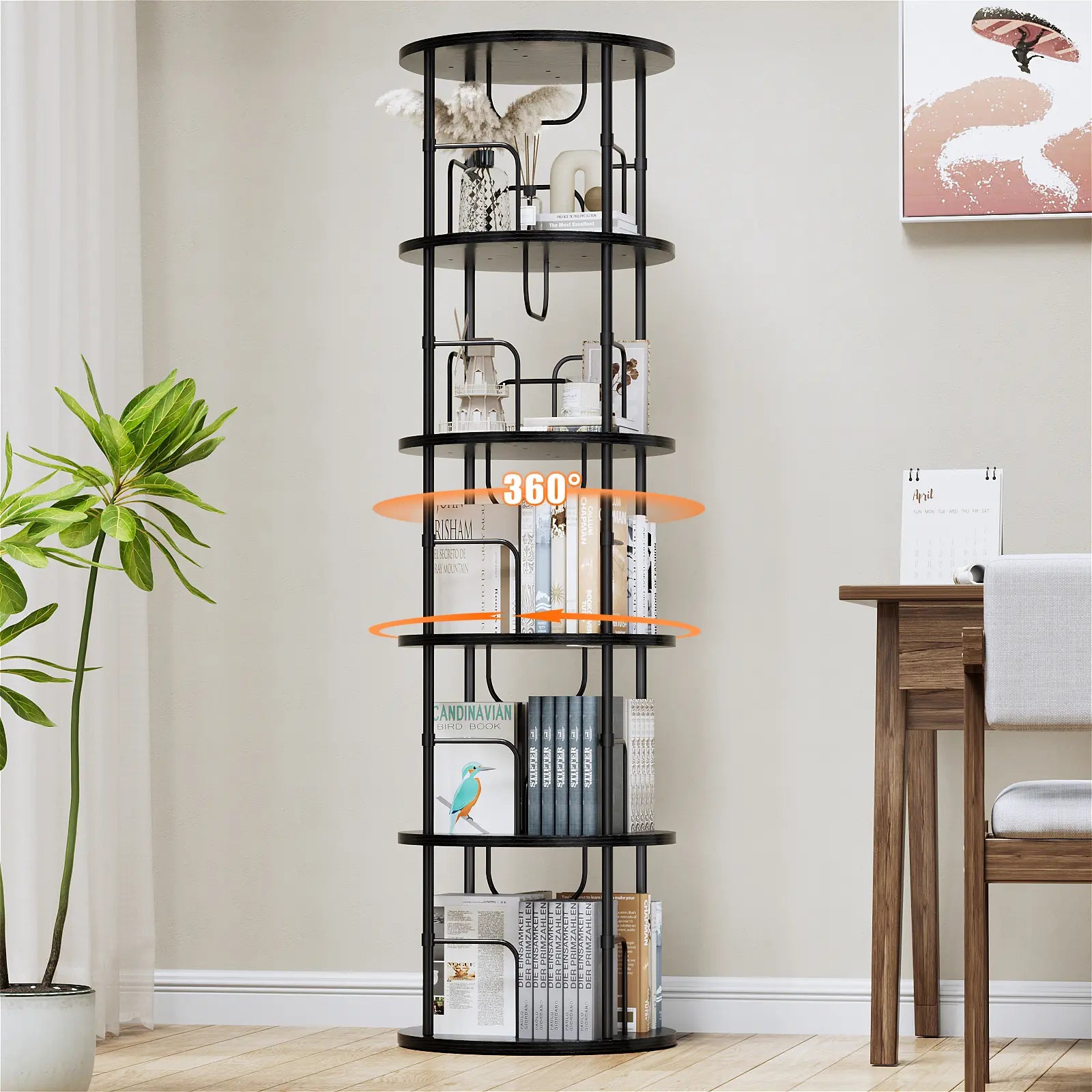 Flycity Rotating Bookshelf,3 Tier -5 Tier Spinning Bookshelf Tower,360° Display Unique Round Bookcase,Floor Standing Corner Revolving Bookshelf Storage Organizer for Home Study Office