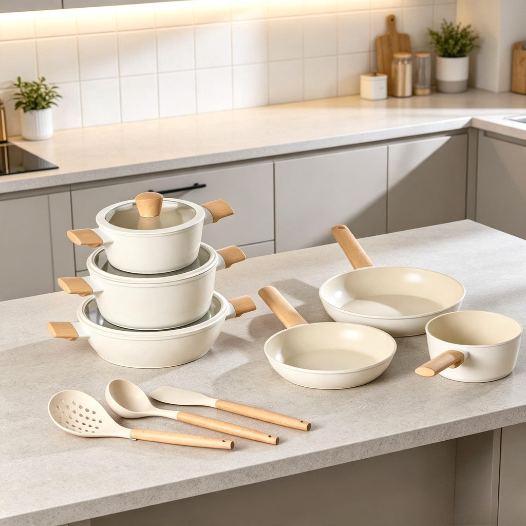 12‑Piece Ceramic Non‑Stick Pots and Pans Set, Almond Cream Induction Compatible Cookware Set, Scratch‑Resistant Ceramic Coating with Cooking Utensils, Non‑Toxic Cookware for Gas Electric All Stovetops