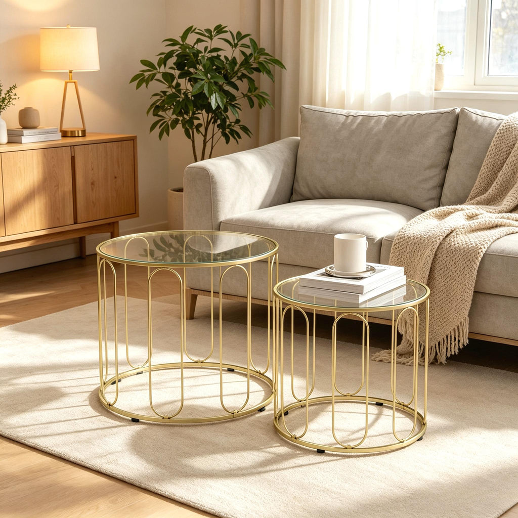 2‑Piece Nesting Coffee Table Set, Round Tempered Glass Side Tables, Gold Tone Sturdy Metal Frame Stacking Tea Table, Modern Decor Nest of Tables for Living Room Bedroom Office Small SpacesW