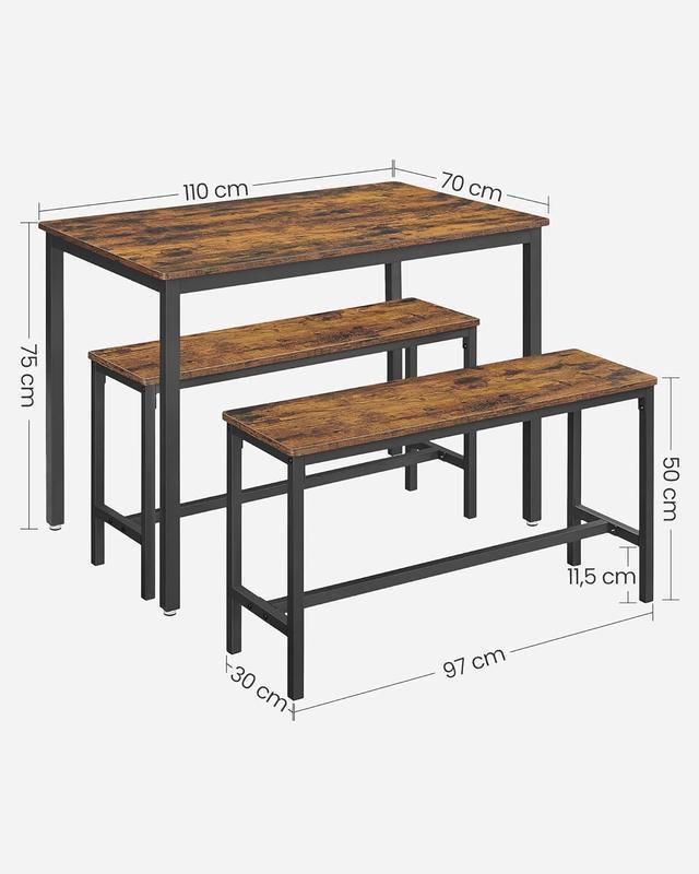 Industrial Dining Table Set with 2 Benches, Steel Frame Kitchen Table 110 x 70 cm, Benches 97 x 30 cm