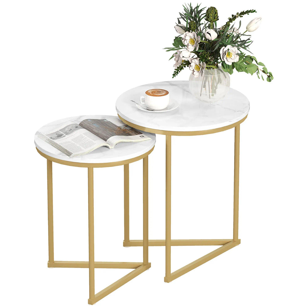 Round Nesting Coffee Table Set of 2, Modern Space-Saving Side Tables with Sturdy Metal Frame for Living Room, Bedroom, Small Apartment [Plus A Free Gift]