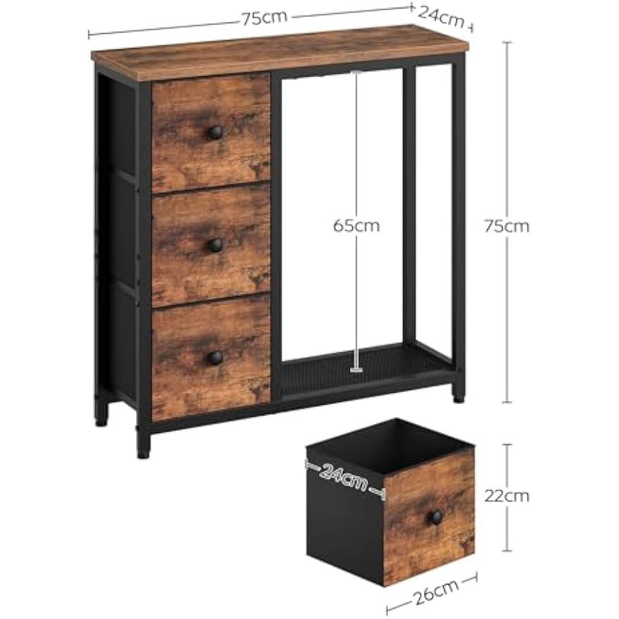 【NS】Slim Console Table, Sofa Table with 3 Fabric Drawers, Hallway Table with 2-Tier Storage Shelf, Industrial Storage Table, for Entryway, Living Room, Corridor, Rustic Brown and Black