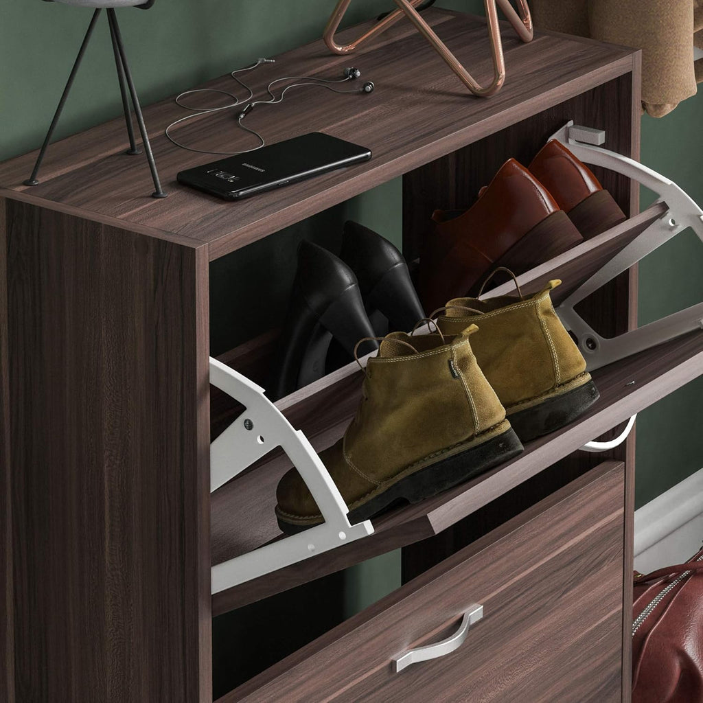 Wooden Shoe Cabinet for Hallway Entryway, Slim Dustproof Shoe Storage Unit with 2 Pull-Down Drawers, Space-Saving Multifunctional Cupboard in Walnut
