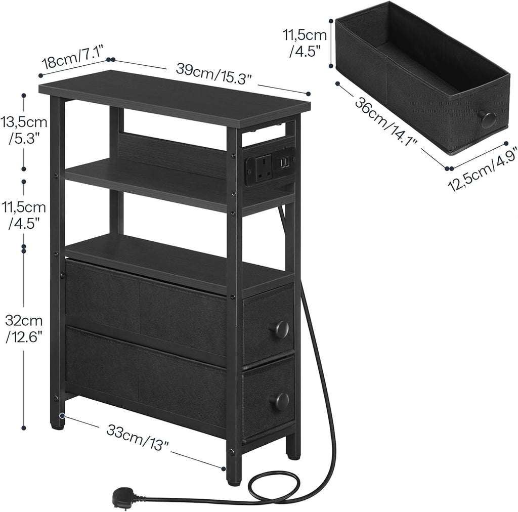 Side Table with Charging Station, Narrow Side Table with 2 Non-Woven Drawers, USB Ports and Power Outlet, 40 x 18 x 60 cm Slim Bedside Table for Small Space, Rustic Brown and Black