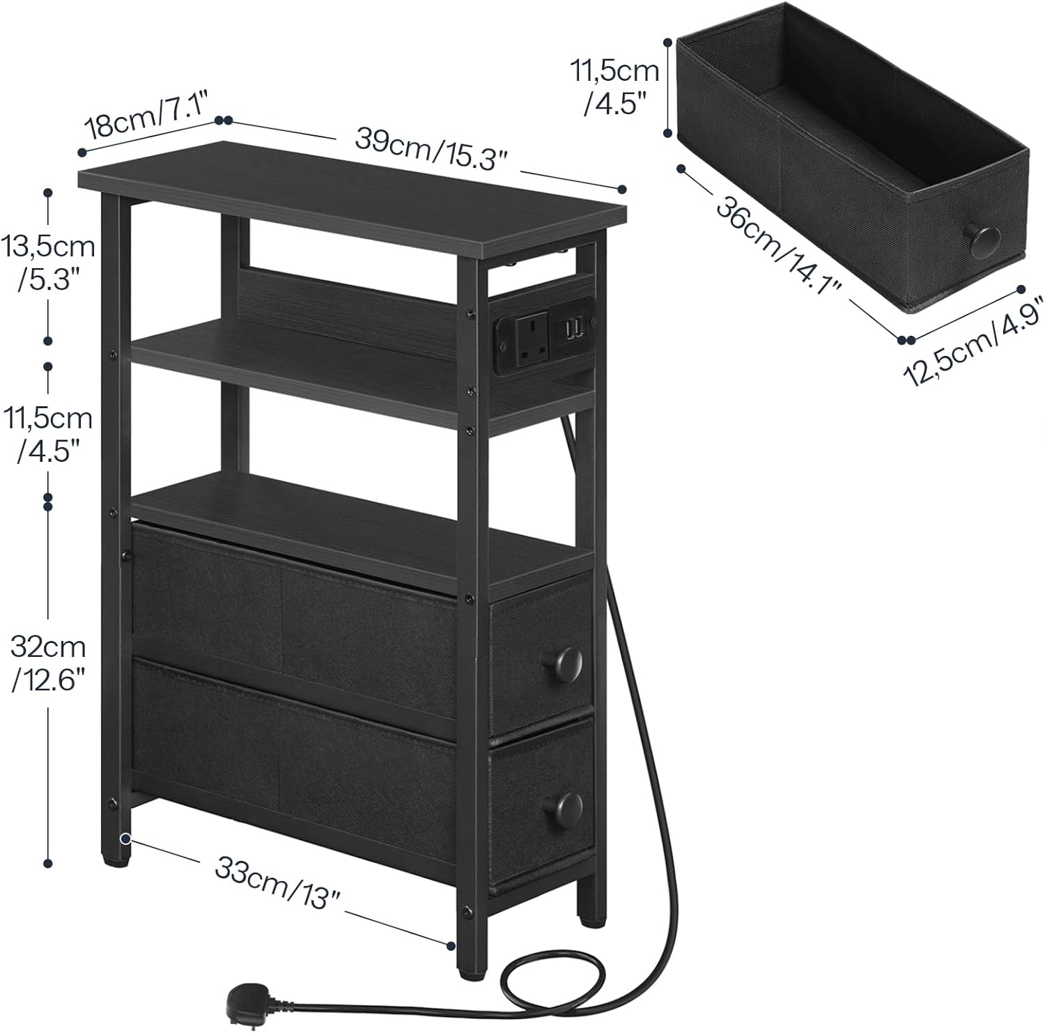 Side Table with Charging Station, Narrow Side Table with 2 Non-Woven Drawers, USB Ports and Power Outlet, 40 x 18 x 60 cm Slim Bedside Table for Small Space, Rustic Brown and Black