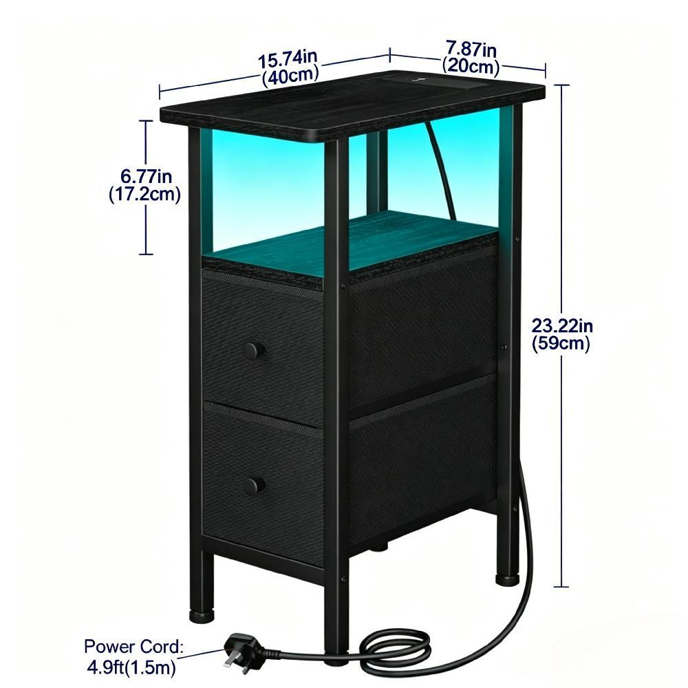 Slim Bedside Table with Charging Station and LED Lights, Narrow Nightstand with 2 Fabric Drawers for Small Spaces, Black End Table for Living Room and Bedroom
