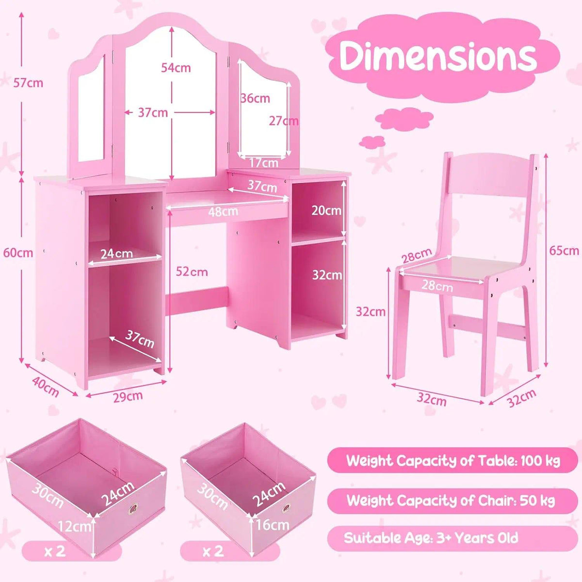`2‑in‑1 Kids Vanity Table Set, Princess Dressing Desk with Removable Tri‑Fold Mirror, 4 Fabric Storage Bins & Matching Chair, Wooden Pretend Makeup Dresser for Girls for Bedroom Playroom Age 3+`