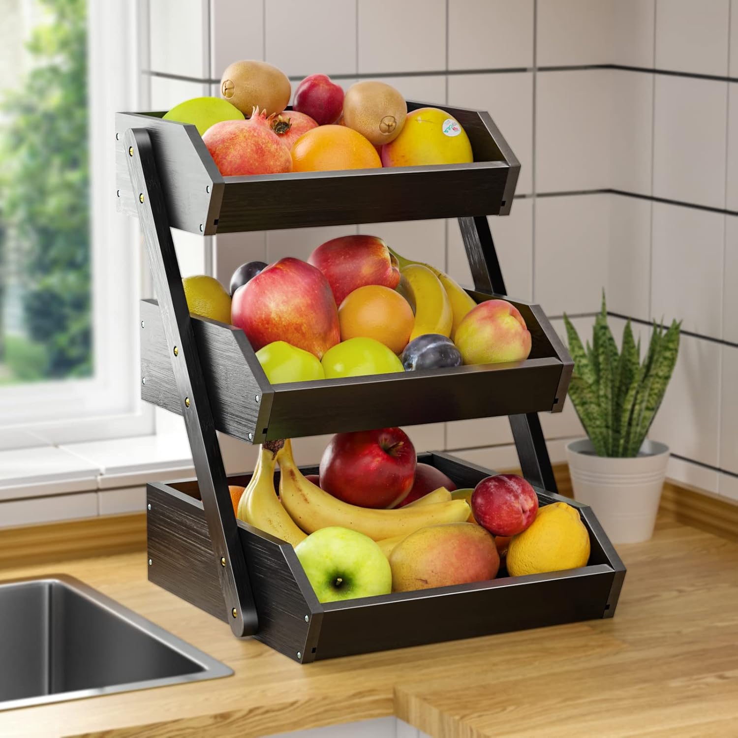 3-Tier Bamboo Fruit Basket Bowl Holder, Bread Vegetables Storage Stand for Kitchen Countertop, Snacks  in Home Kitchen and Office, Black