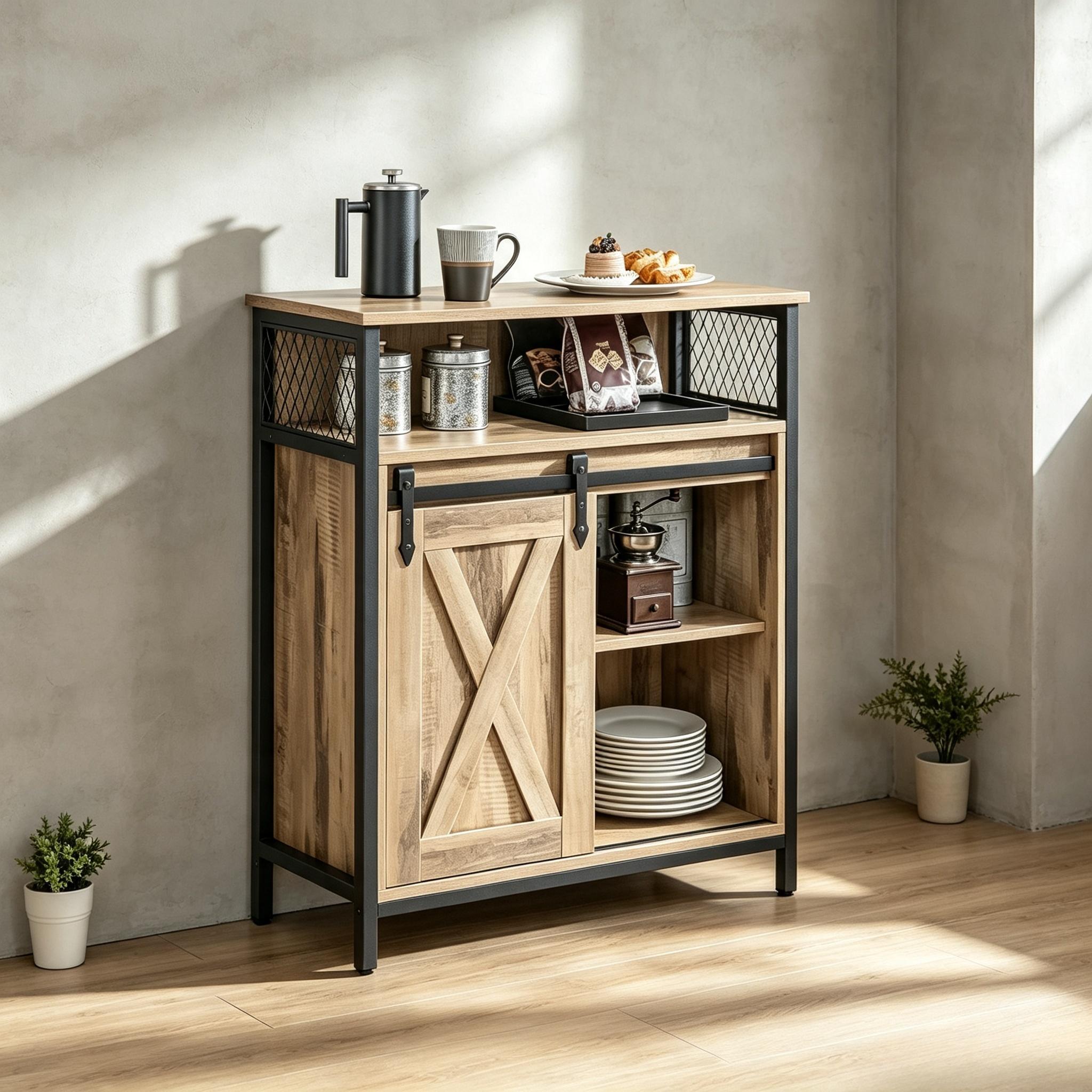 Rustic Sideboard Storage Cabinet with Sliding Barn Door Open Compartment & Adjustable Shelf Freestanding Buffet Unit 30 x 70 x 80 cm Toasted Oak Finish for Living Room Hallway