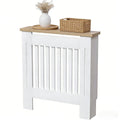 White MDF Radiator Cover with Wood Shelf - White -  Modern Swing-style Vertical Grille Design for Optimal Heat Circulation - Painted MDF Cabinet with Wooden Upper Shelf