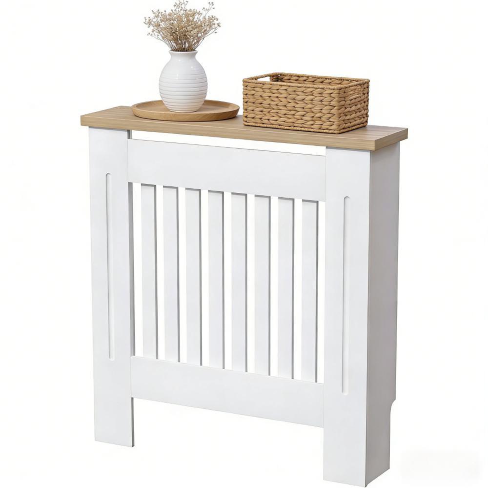 White MDF Radiator Cover with Wood Shelf - White -  Modern Swing-style Vertical Grille Design for Optimal Heat Circulation - Painted MDF Cabinet with Wooden Upper Shelf