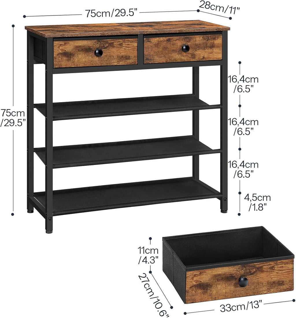 Shoe Rack,  Shoe Storage Organizer with 2 Non-Woven Drawers, 12-15 Pairs of for Entryway, Shelf with 3 Oxford Fabric Shelves and Wooden Top, Closet, Rustic Brown